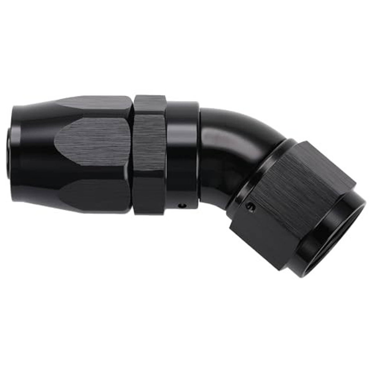 Black 45-degree swivel AN hose end fitting with hex mounting end
