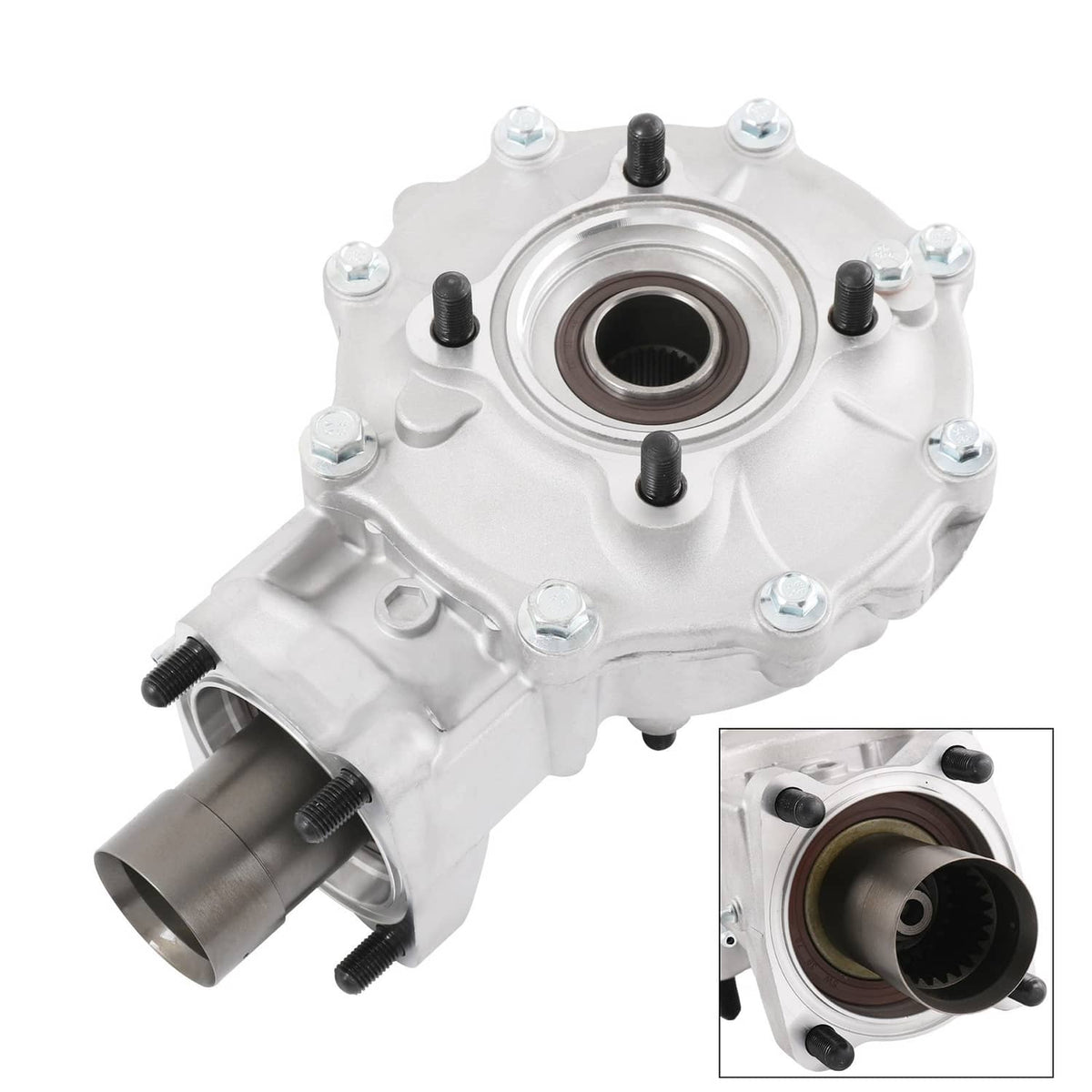 Rear differential assembly with circular bearing housing and side axle output, silver metal