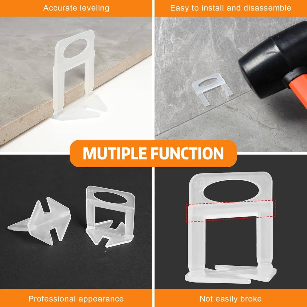 White tile leveling spacers clips with base, shown installed on tile edges