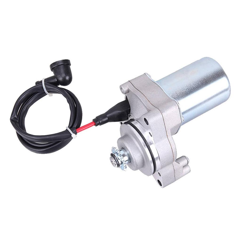 3-bolt starter motor with silver body and black wire harness with red cable