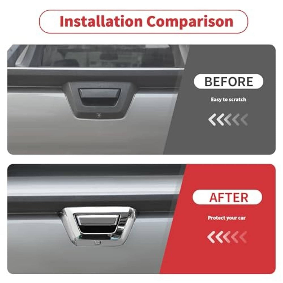 Chrome tailgate handle cover on car tailgate, chrome bezel with black insert