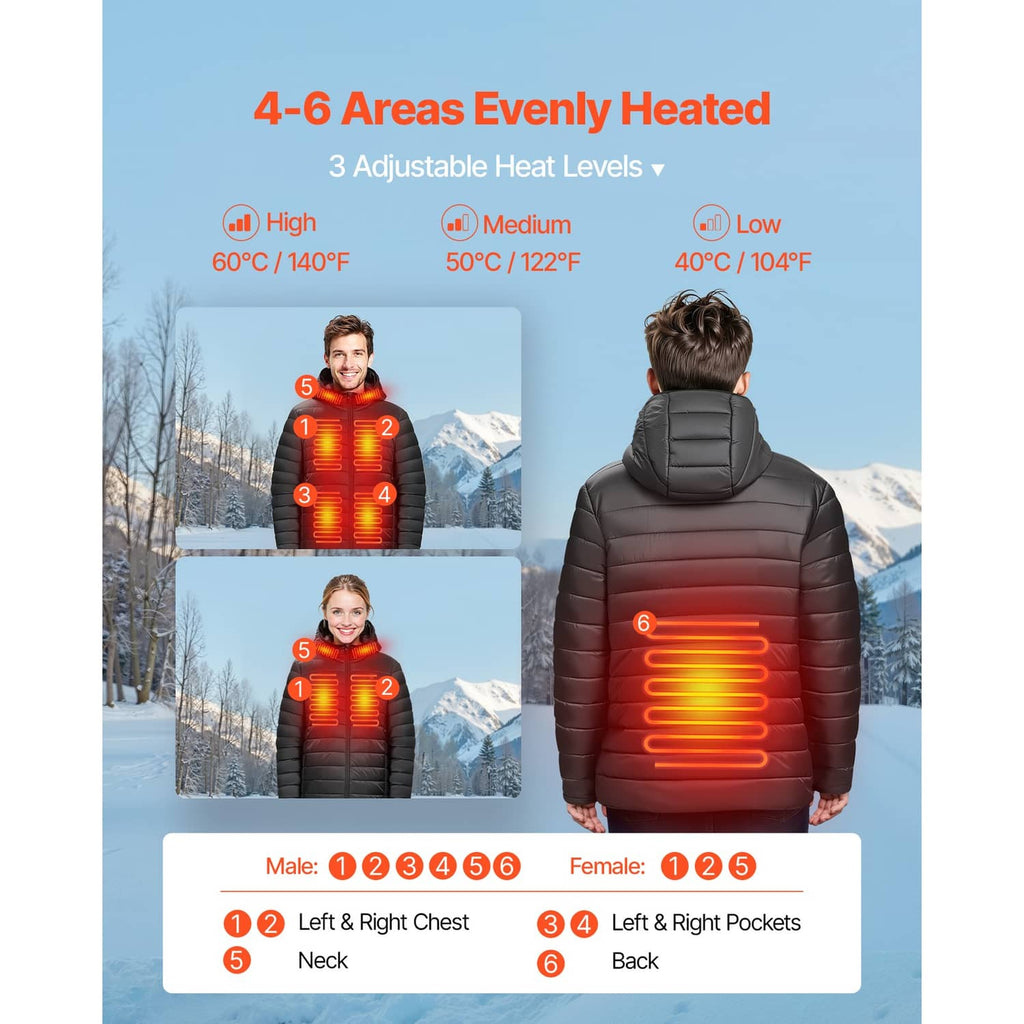 Black heated men’s puffer jacket back view with hood, padded quilting, and zipper