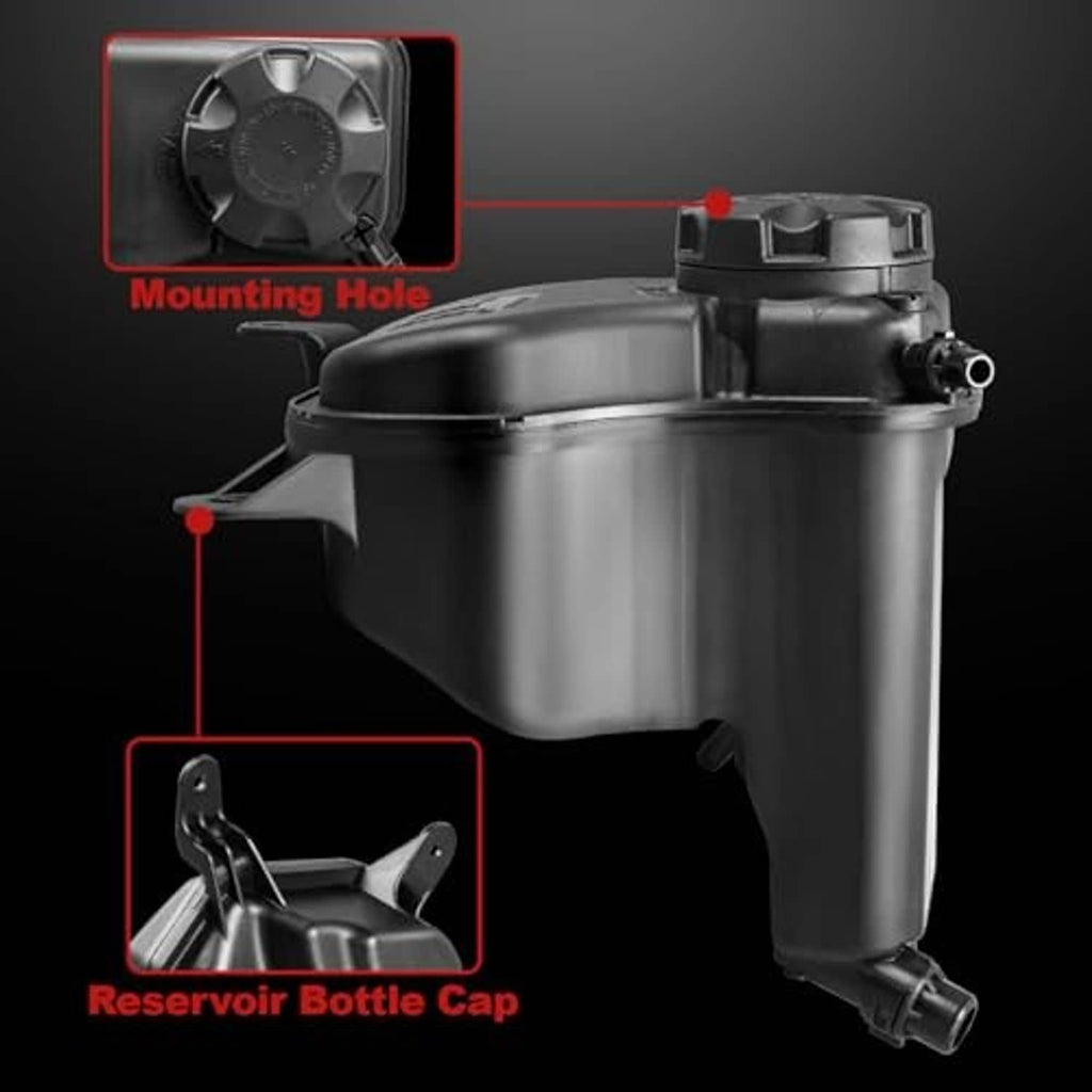 Engine coolant reservoir tank with mounting hole and reservoir bottle cap detail
