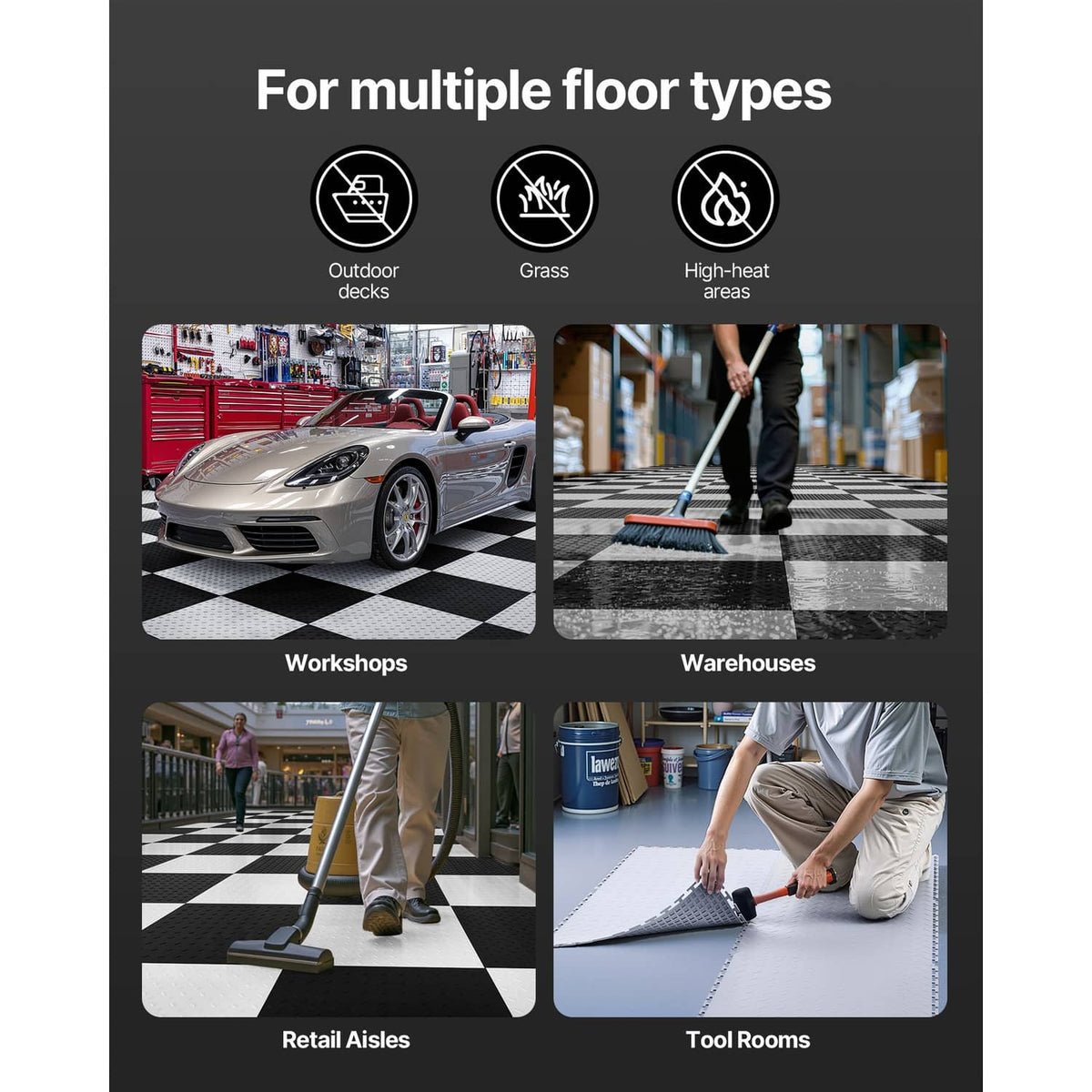Interlocking garage floor tiles with light gray textured surface for different spaces