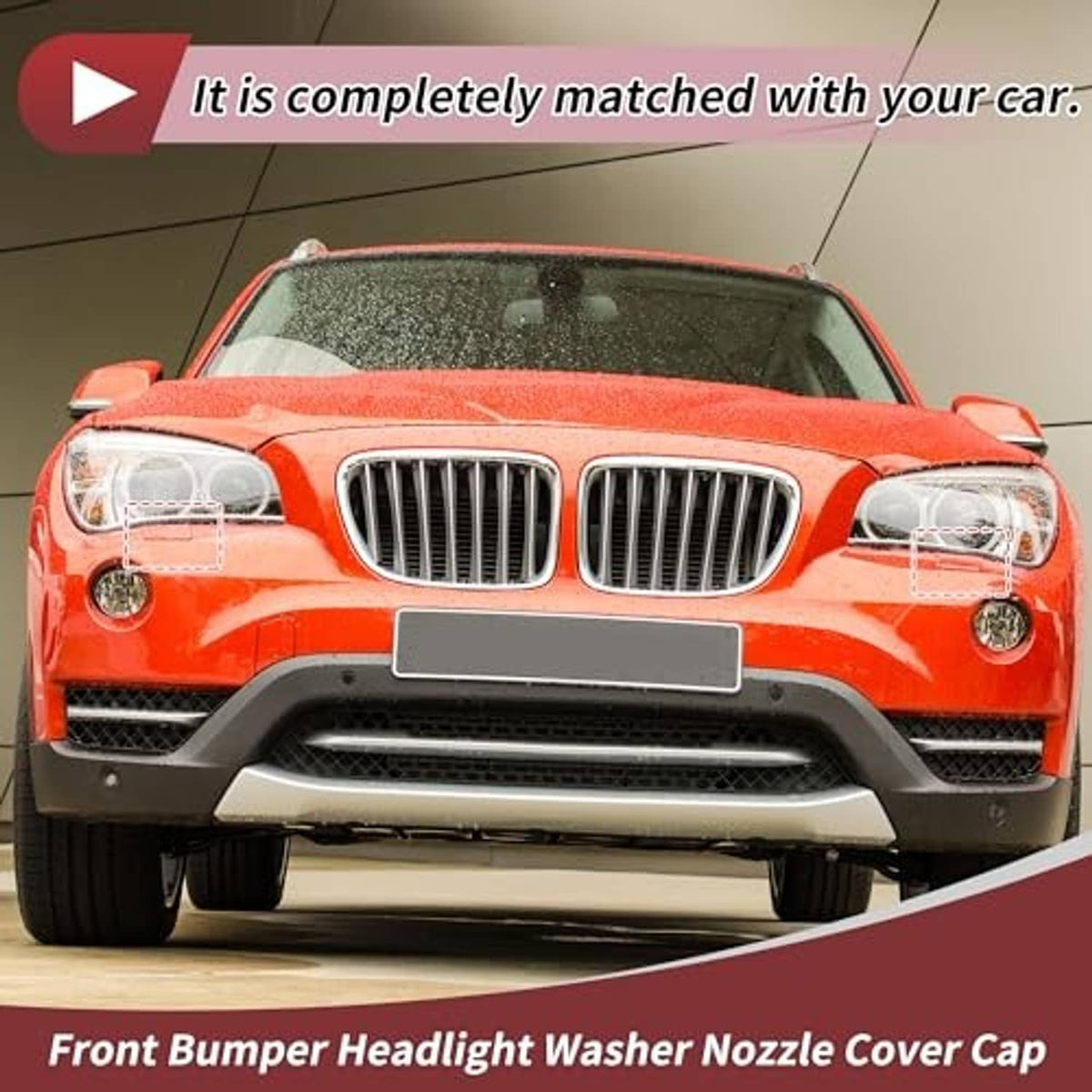 Front bumper headlight washer nozzle cover cap on vehicle, front view