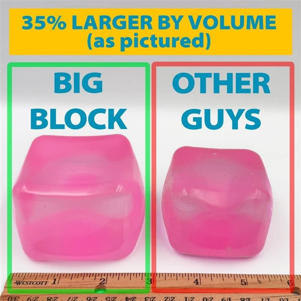 Pink squishy block cube with measurement ruler for size