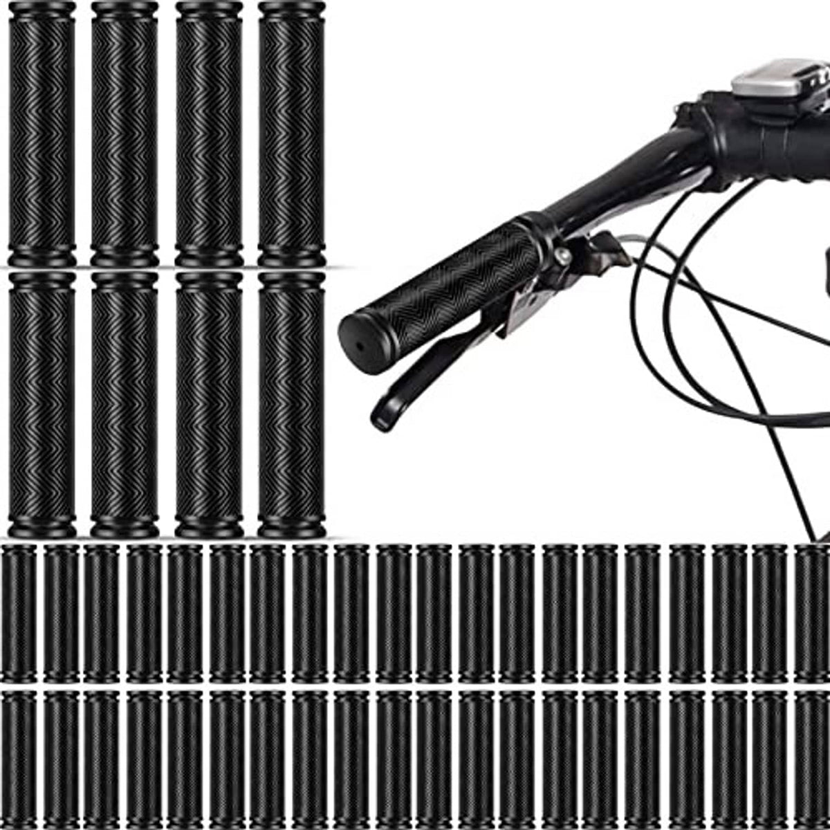 Black textured bike handlebar grips with zigzag rubber sleeves and end caps, 48-pack