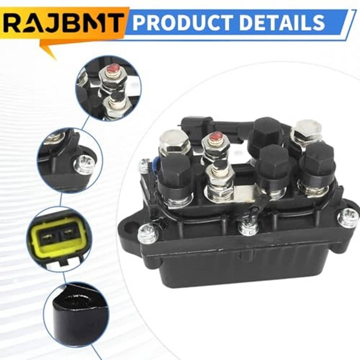 Black tilt-trim relay product details with stud terminals and mounting base