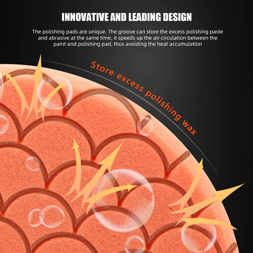 Orange foam buffing pad with textured surface, circular