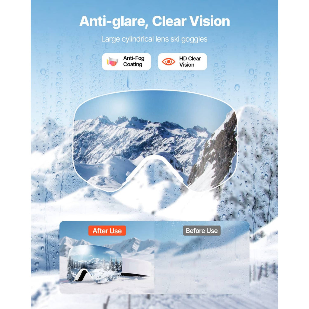 Clear cylindrical ski goggles with white frame and anti-fog lens coating
