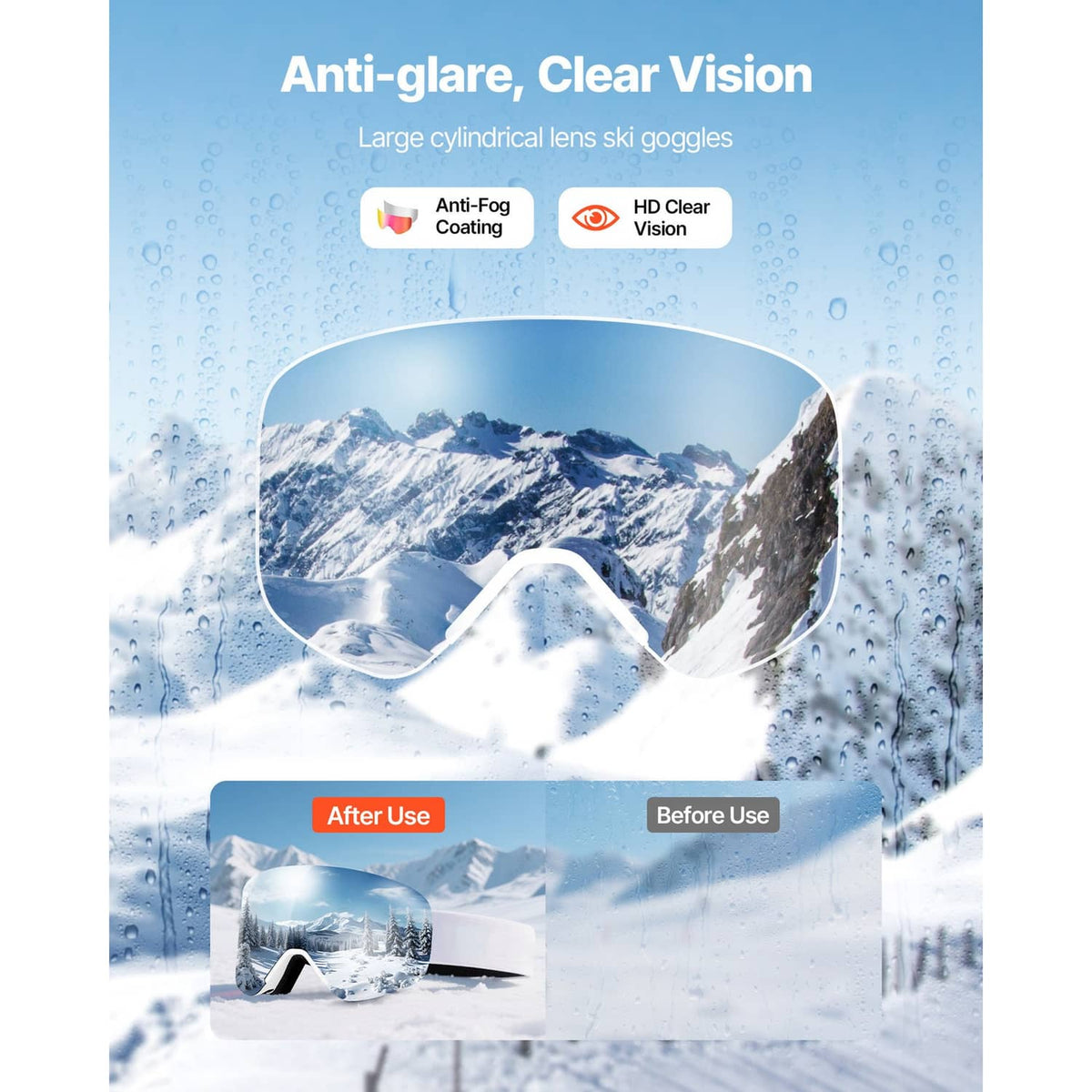 Clear cylindrical ski goggles with white frame and anti-fog lens coating