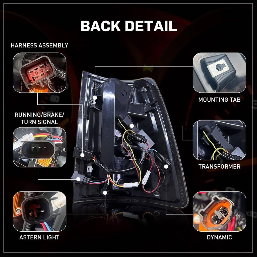 Smoked LED tail light assembly with wiring and mounting tabs for installation
