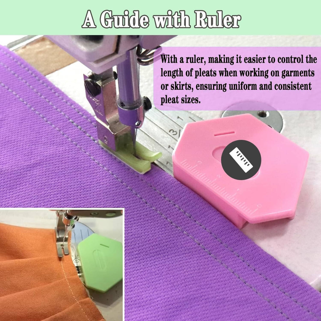 Pink magnetic seam guide with ruler scale for controlled pleats on sewing machine