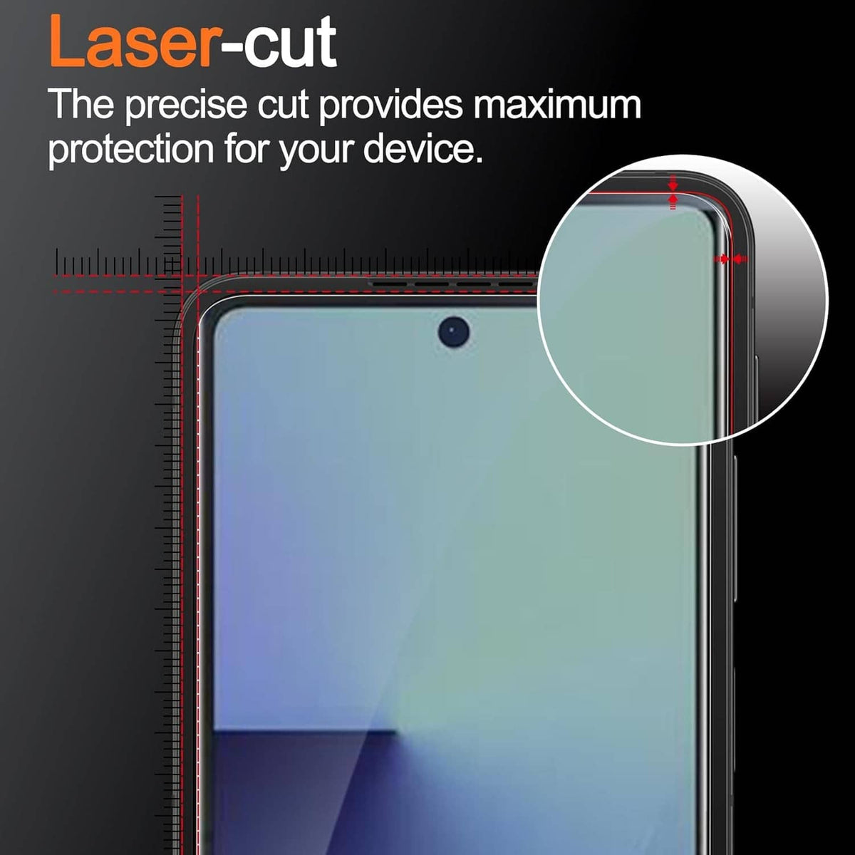 Laser-cut transparent screen protector fitted to phone screen edges