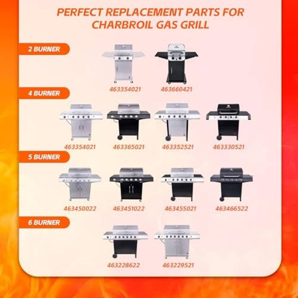 Replacement grill parts card showing burner options for 2, 4, 5, and 6 burners