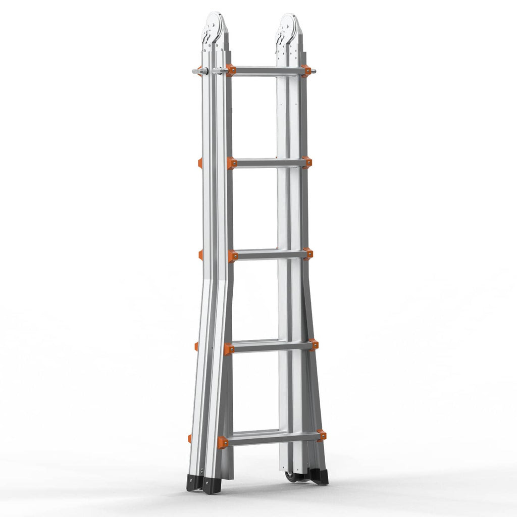 Telescoping A-frame extension ladder with orange rungs, silver-gray frame