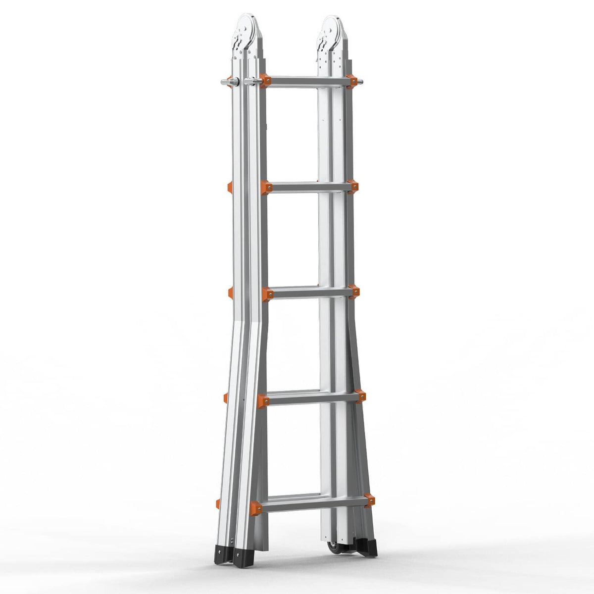 Telescoping A-frame extension ladder with orange rungs, silver-gray frame
