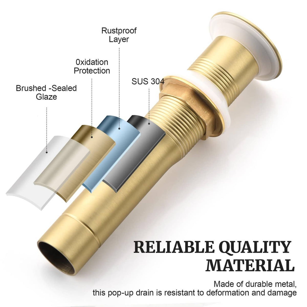 Brushed gold pop-up drain stopper cross-section with sealed layers and SUS 304 core