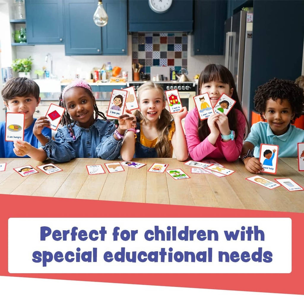 Child holding red-framed communication cards from the set during a learning activity