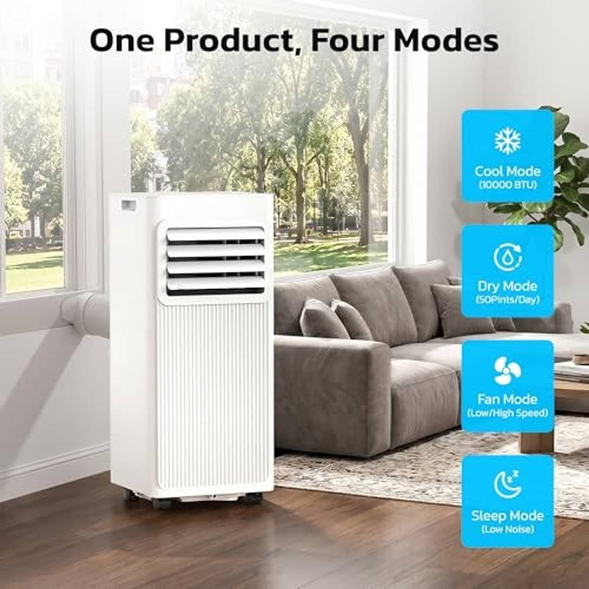 White portable air conditioner unit with front vent and control modes display panel.