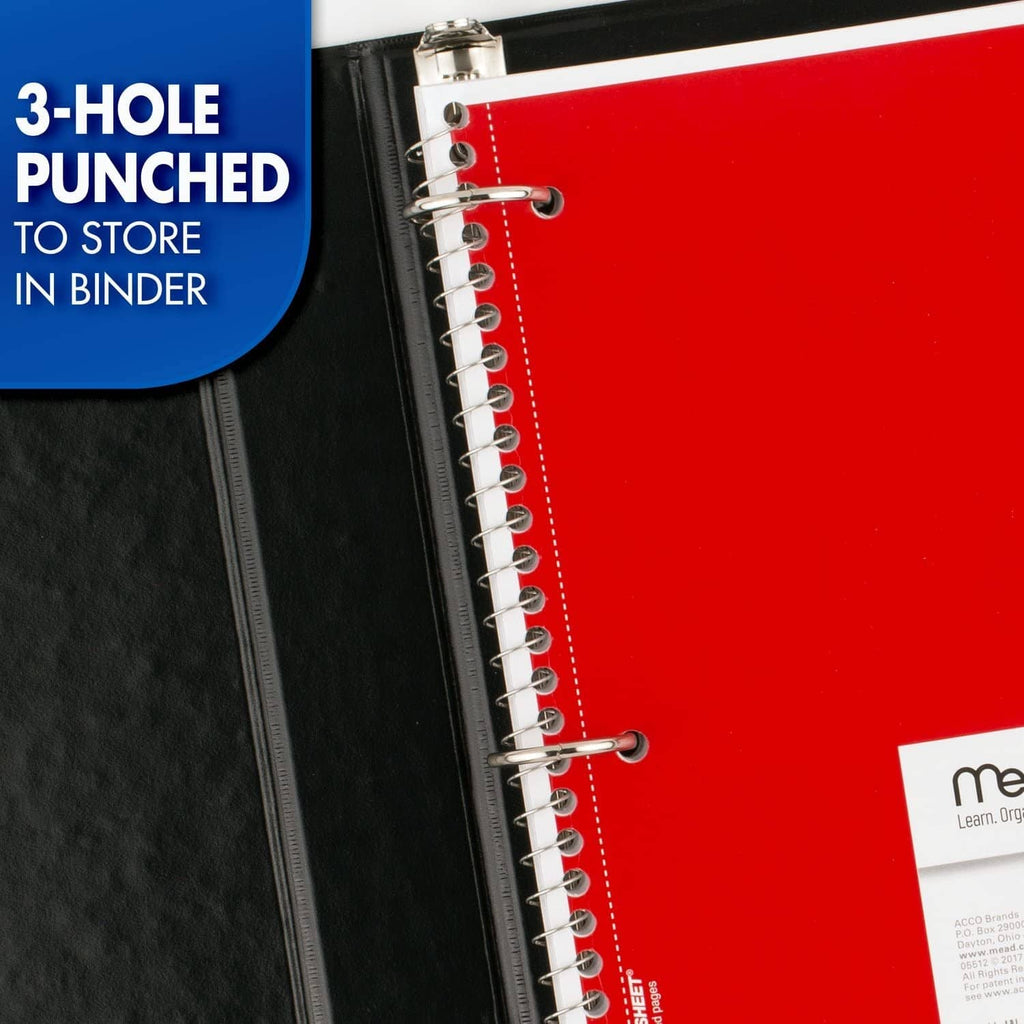 3-subject spiral notebook with red cover alongside a black notebook binder sleeve
