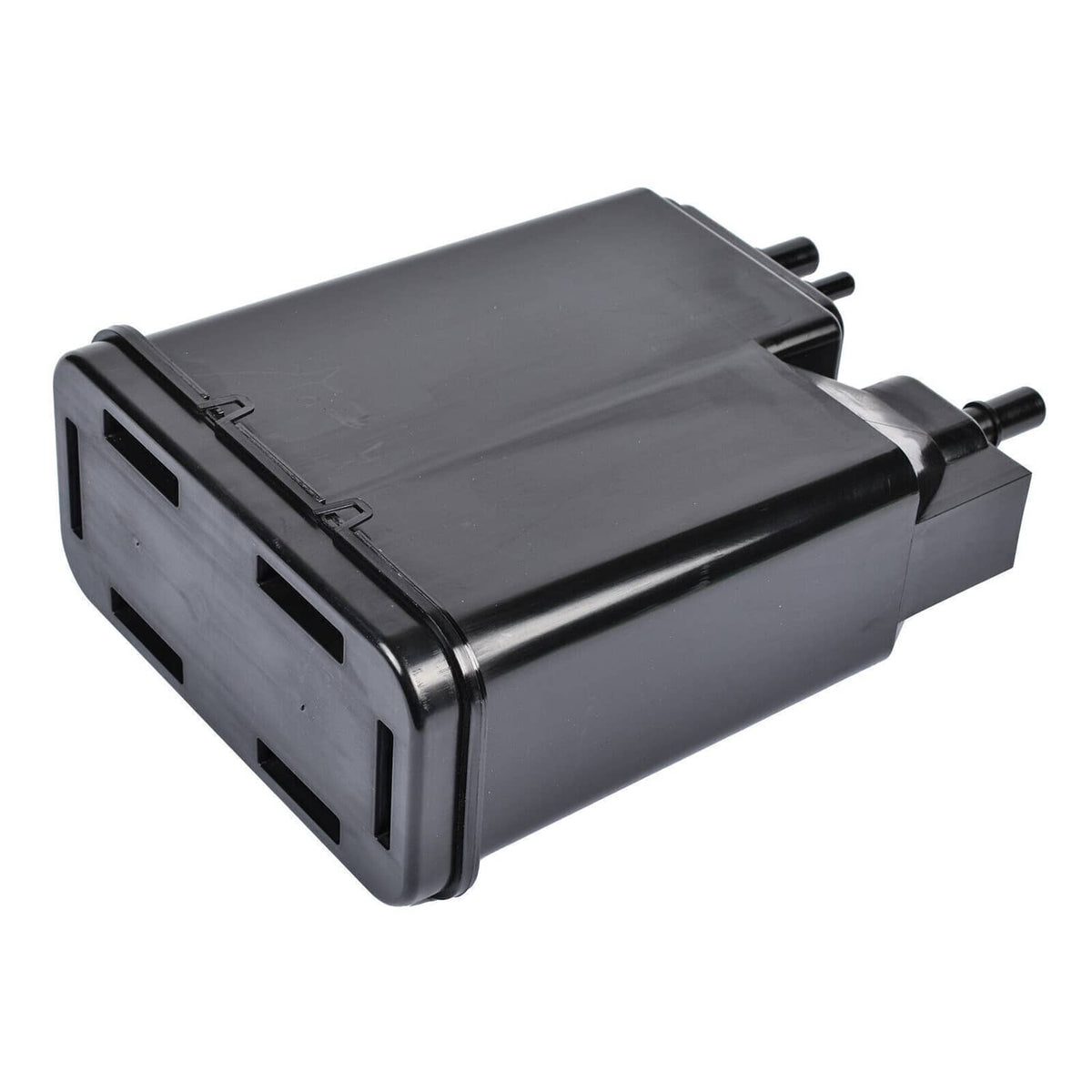 Black car vapor canister with rectangular housing and dual hose/pipe connections