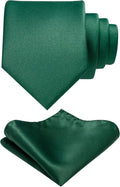 Men's solid dark green necktie with matching folded pocket square