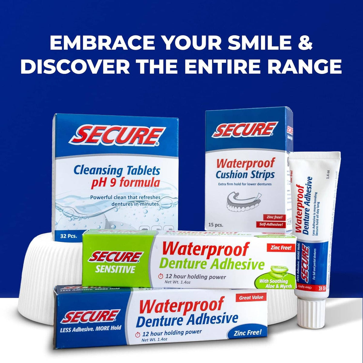 Secure denture care range set featuring cleansing tablets and denture adhesive tubes
