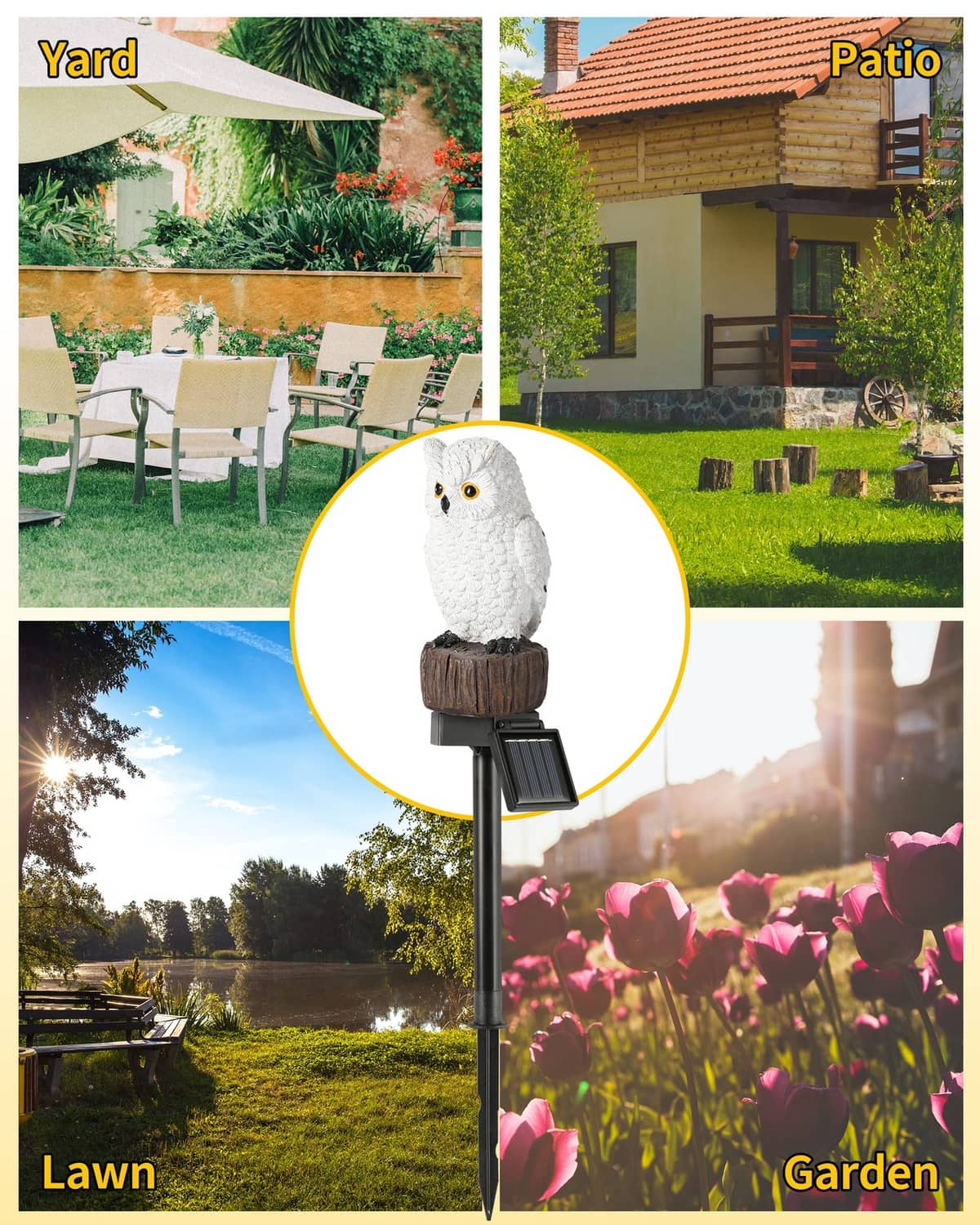 Snowy owl solar garden stake light for yard, patio, lawn, and garden areas