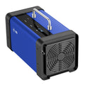 Blue and black commercial ozone generator with metal outlet tubes and front fan grille