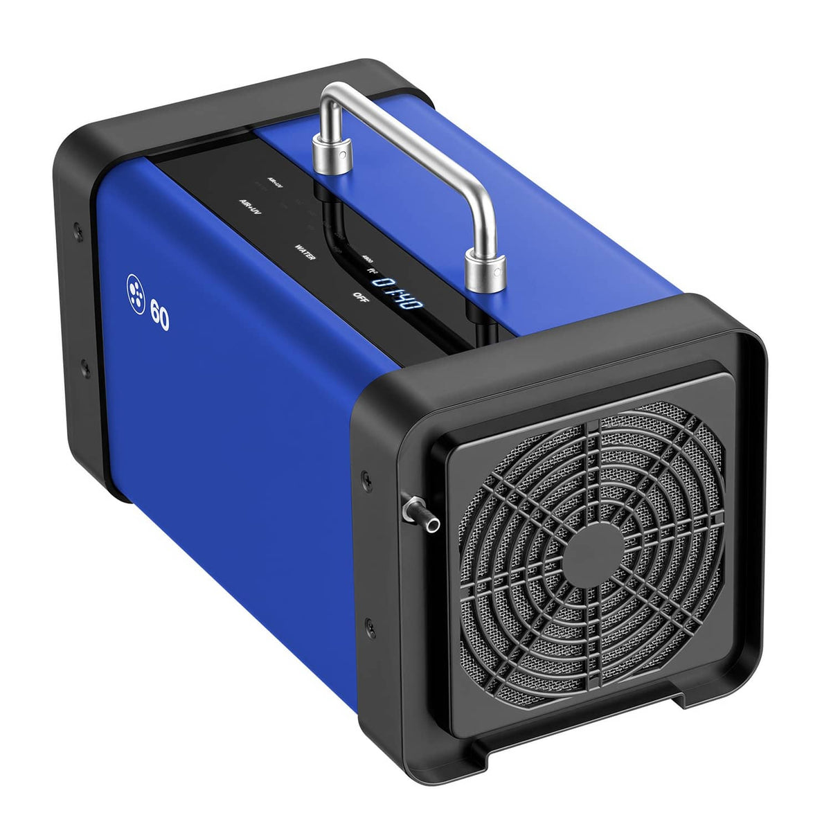 Blue and black commercial ozone generator with metal outlet tubes and front fan grille