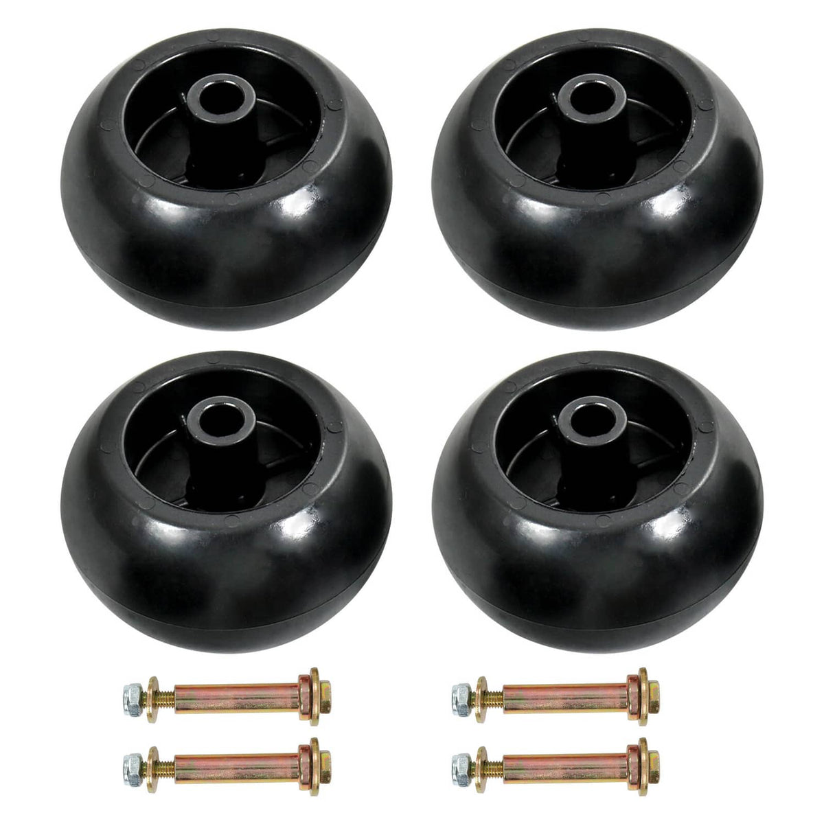 Deck wheel hardware kit with four black wheel hubs and axle bolts