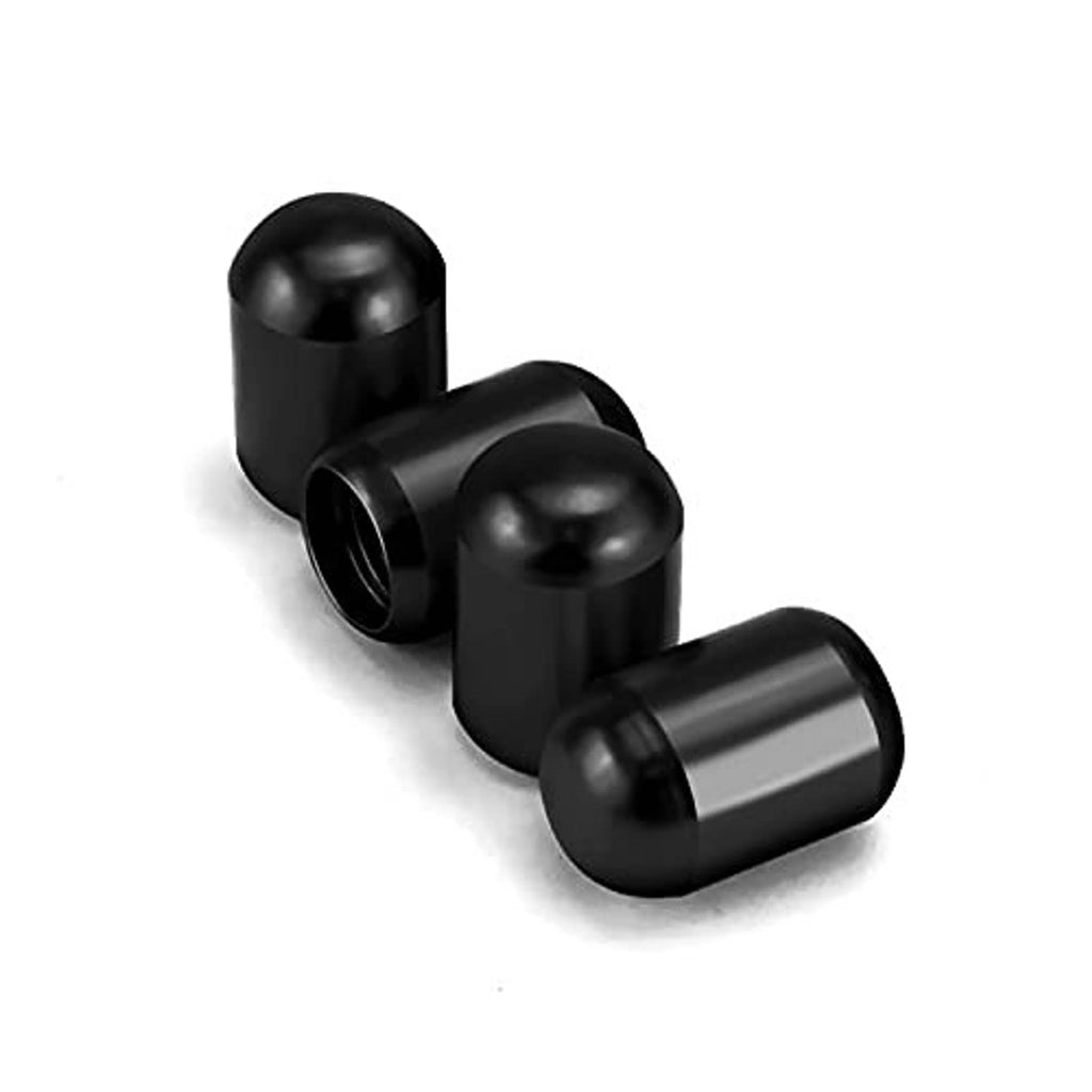 Black tire valve stem caps, metal-look finish, two caps shown