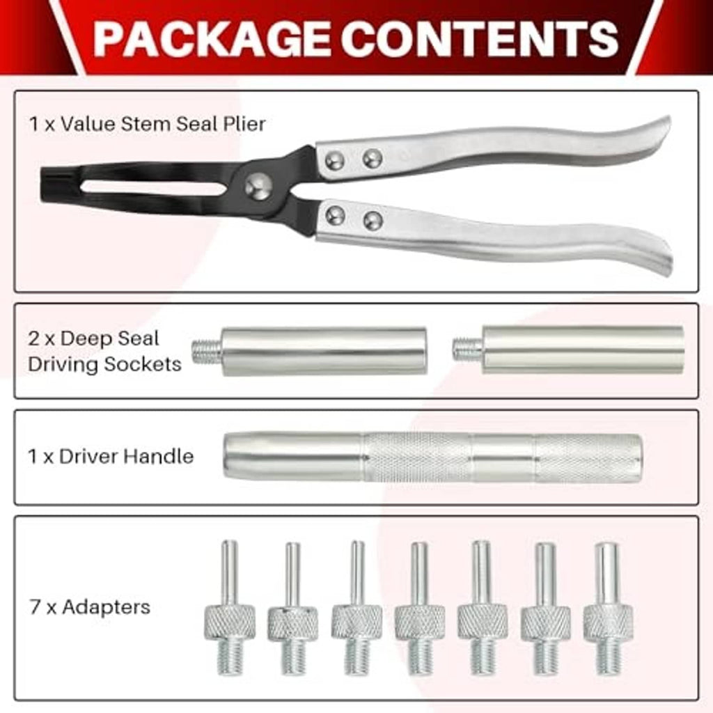 Valve stem seal plier kit with driving sockets, handle, and seven adapters