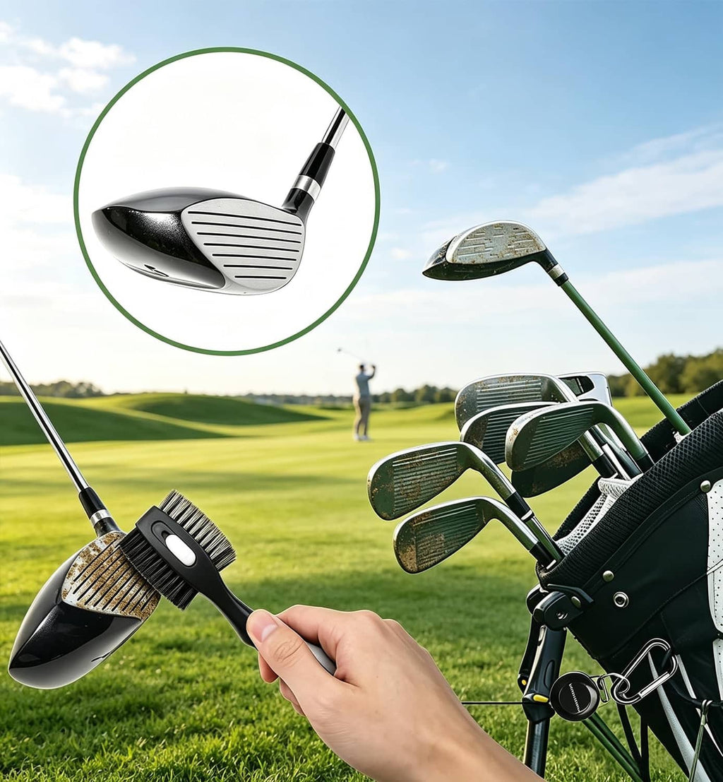 Retractable golf club cleaning brush brushing a fairway wood club head