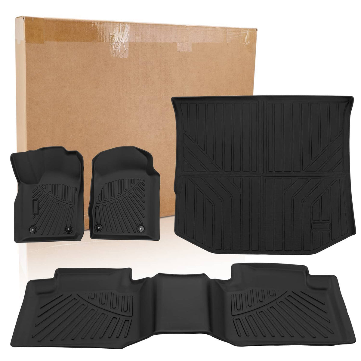 Black TPE rubber floor mats and cargo liner set, contoured with raised channels