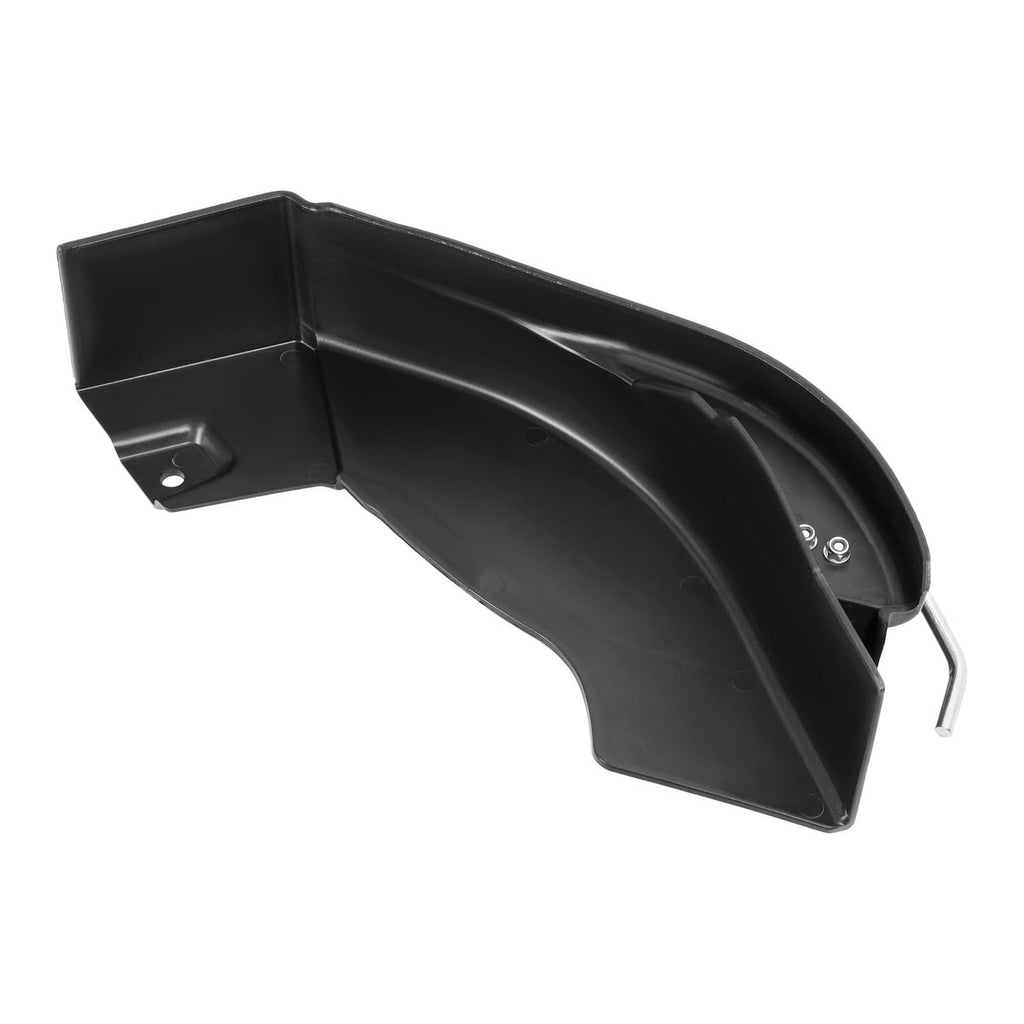 Black mulching plug chute with side mount bracket and curved discharge cover