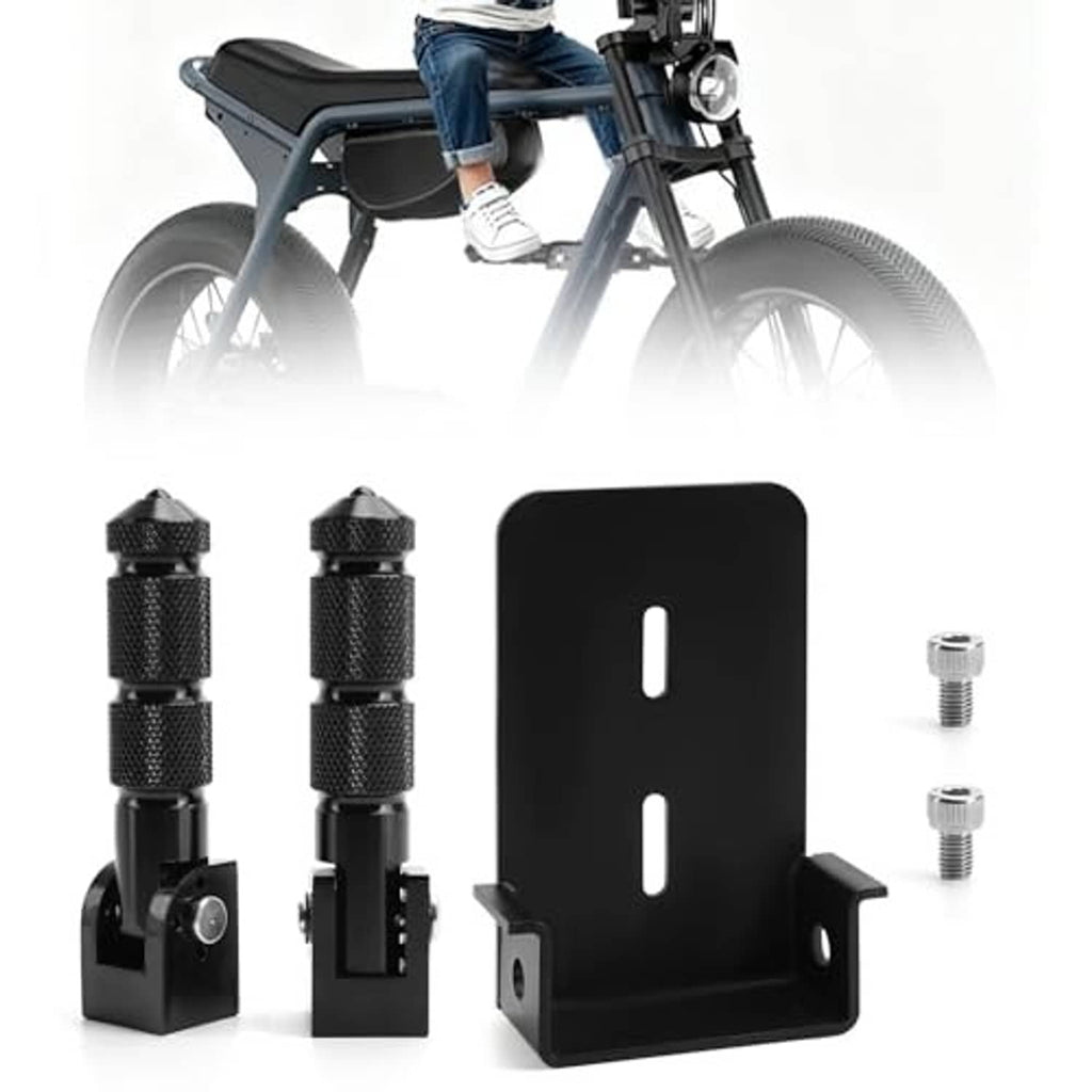 Black folding foot peg bracket with two textured pegs and threaded bolt hardware