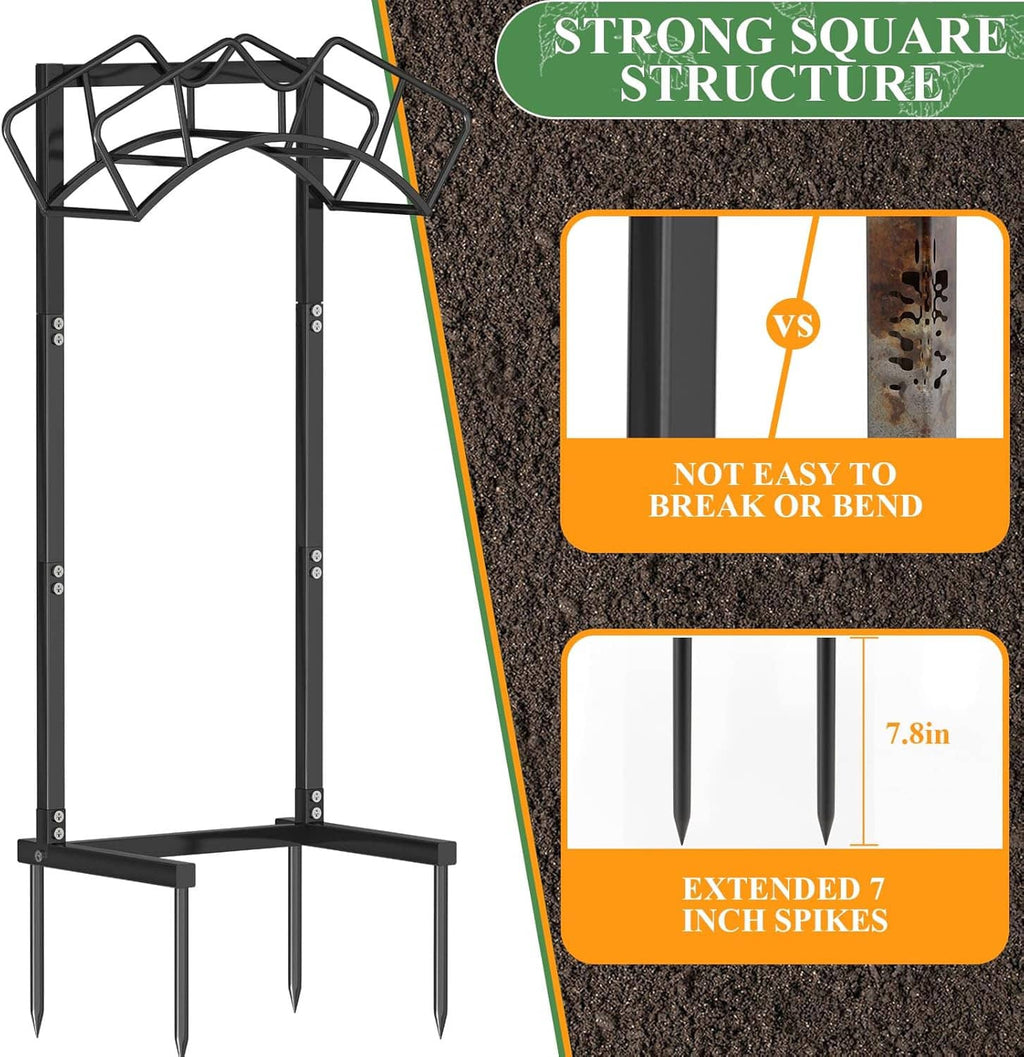 Freestanding garden hose holder stand with black metal frame and four pointed stakes