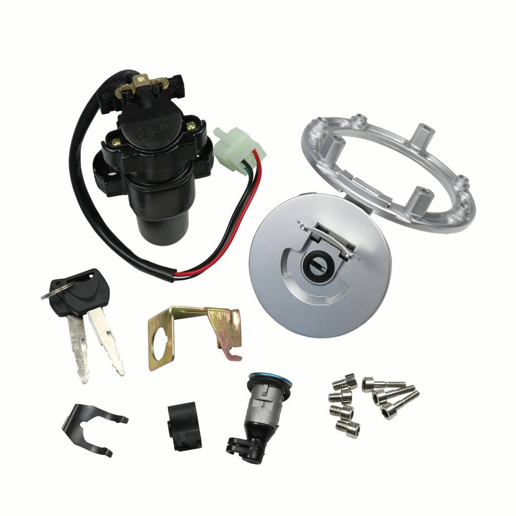 Ignition switch lock and fuel cap cover set with keys, black components and silver cap