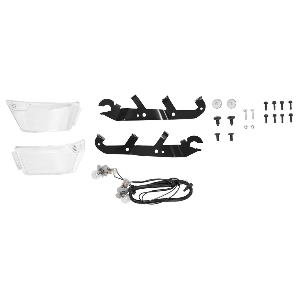 Headlight lens and trim kit with black and clear covers, wiring and hardware