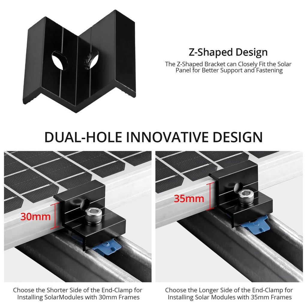 Z-shaped dual-hole solar panel end clamp for securing to metal rails