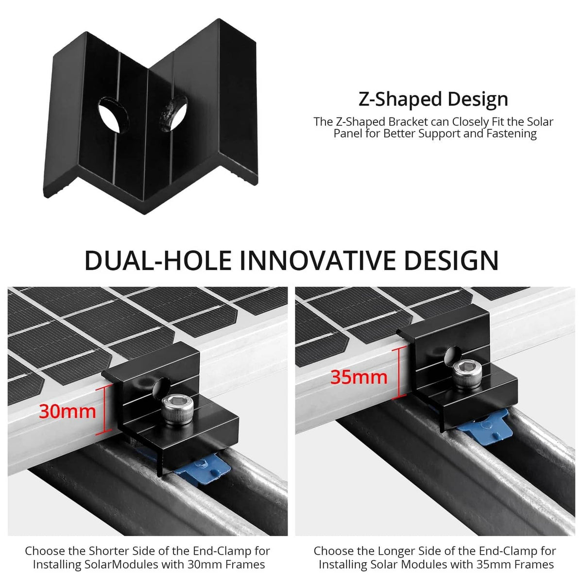 Z-shaped dual-hole solar panel end clamp for securing to metal rails