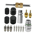 Automotive A/C valve core kit: brass tool, silver fitting, black caps, gold valve cores
