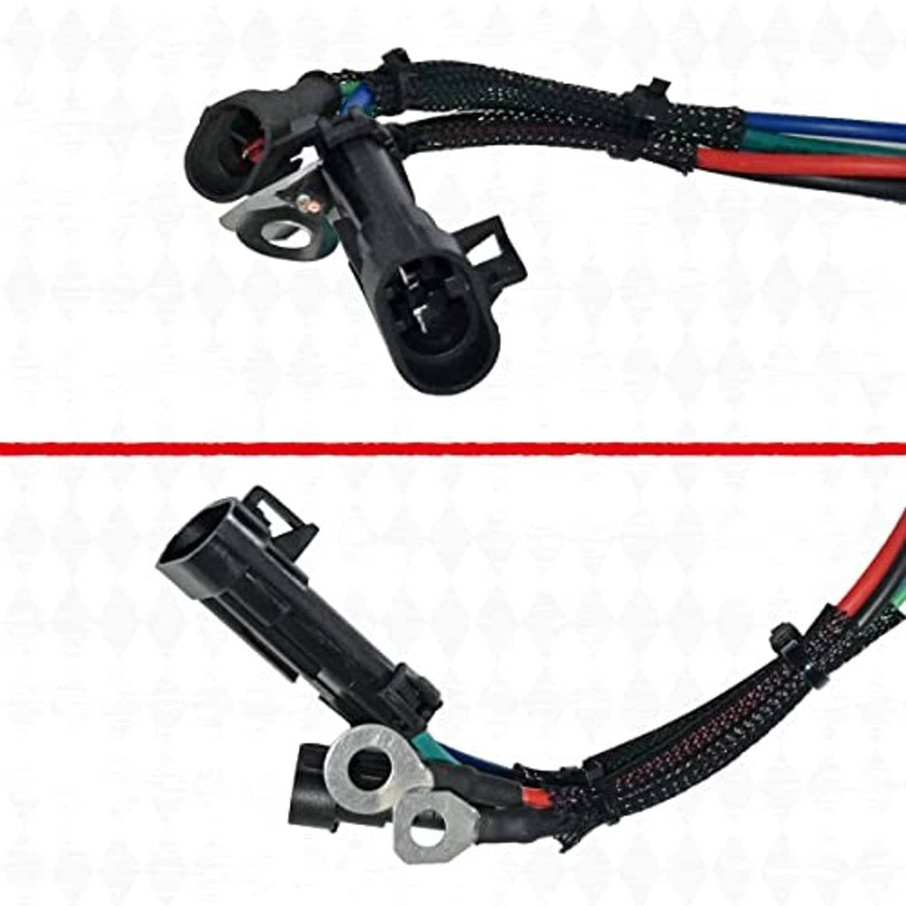 Tilt trim relay switch harness with black housings, red/blue/green wires, and metal terminal rings