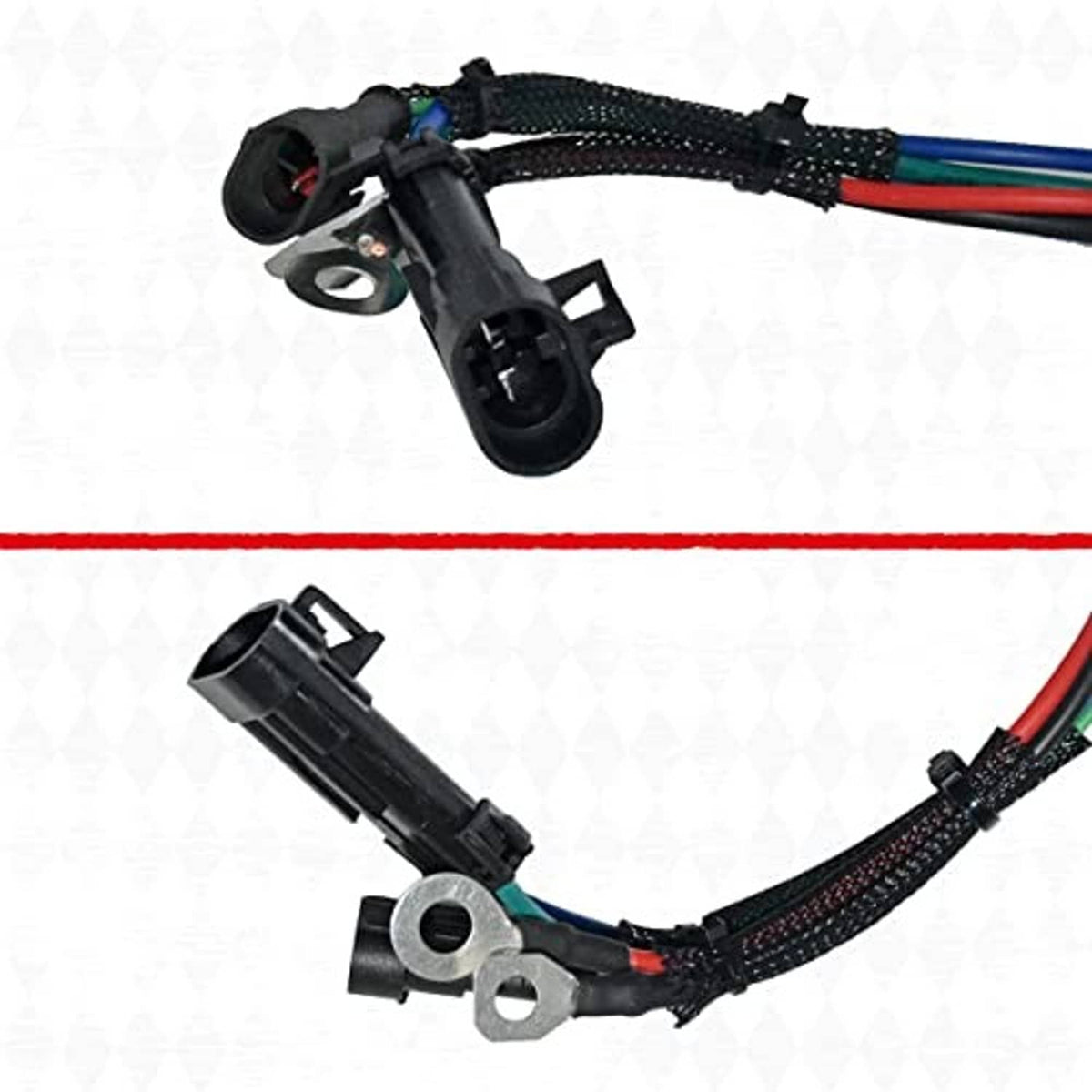 Tilt trim relay switch harness with black housings, red/blue/green wires, and metal terminal rings