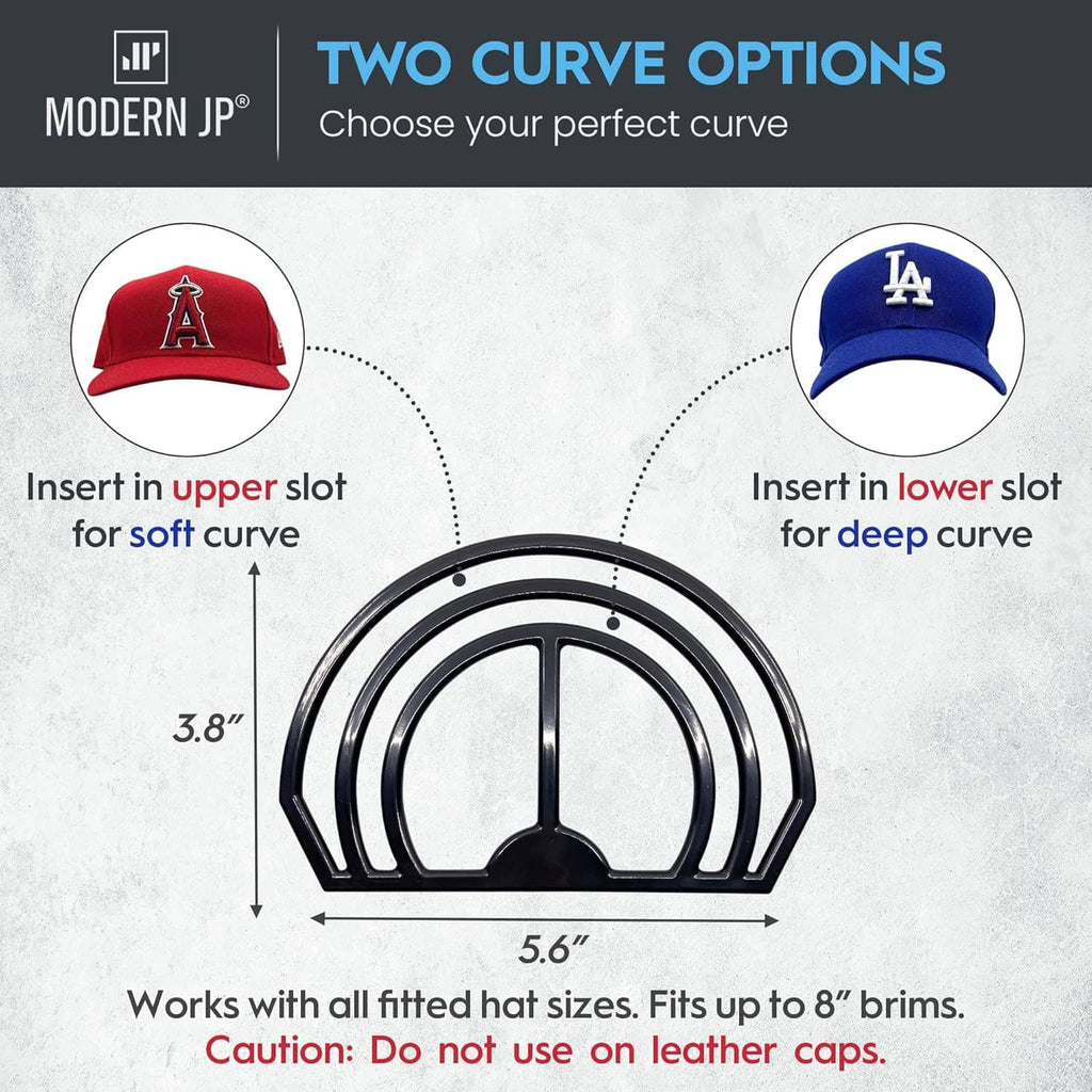 Cap brim bender curved slot gauge template with black and white guide arches