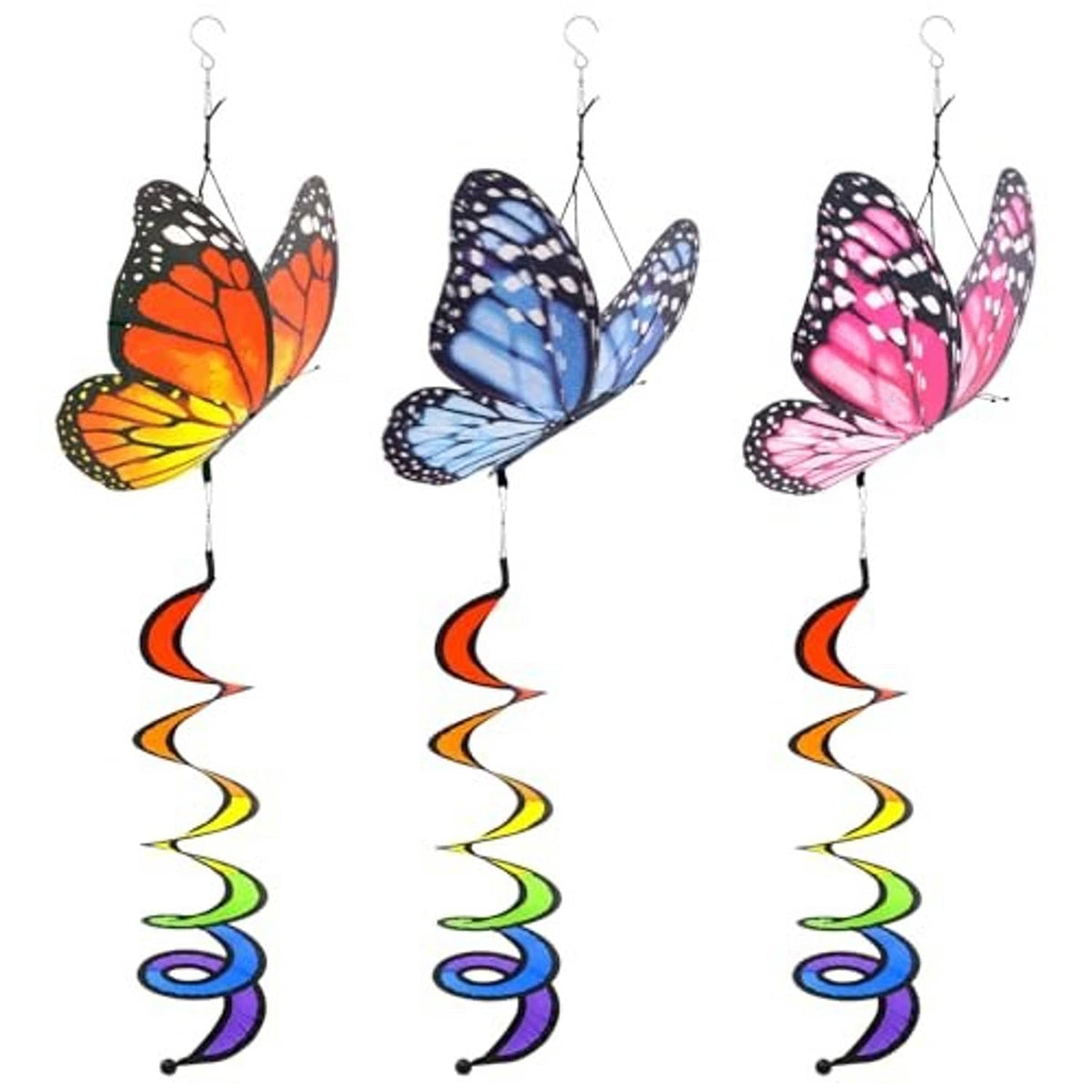 Set of three butterfly wind spinners with rainbow curlie spring tails and metal hanging hooks