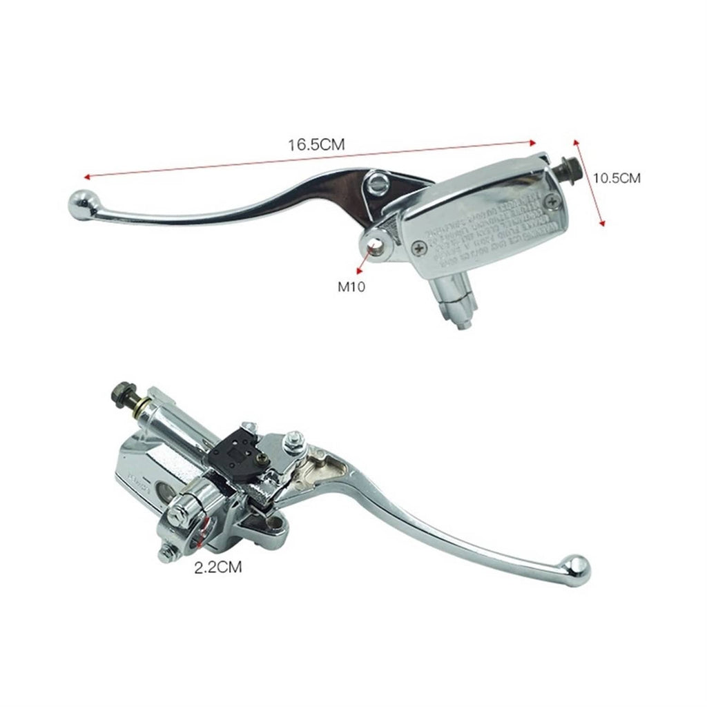 Chrome hydraulic master cylinder with curved lever and mounting bracket; black clamp detail