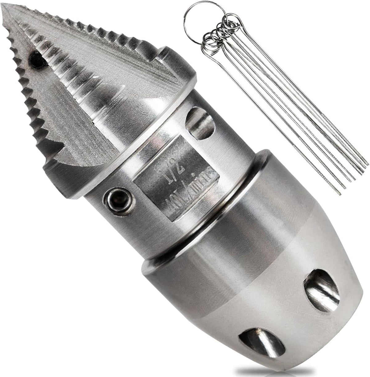 Stainless steel sewer jetter nozzle with conical head and 1/2 NPT connection